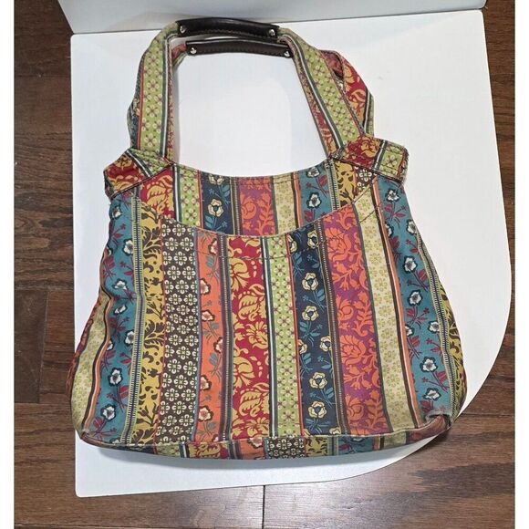 Bohemian Multicolor Striped Fossil purse Tote Bag Faux Leather Accents boho - Picture 6 of 10